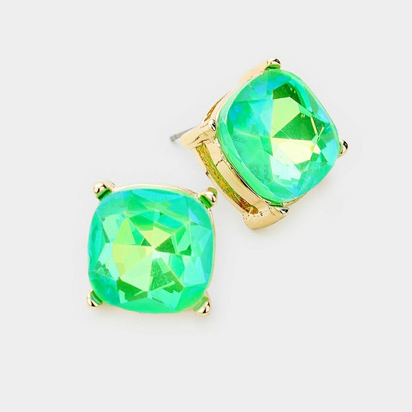 Neon Green Gold Square Stud Fashion Jewelry Earrings Cute Statement Accessories - Picture 1 of 2